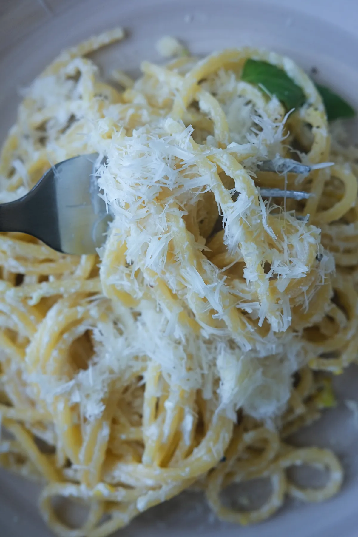 A fork lifting a bite of creamy lemon ricotta spaghetti coated in ricotta sauce and topped with finely grated Parmesan cheese.