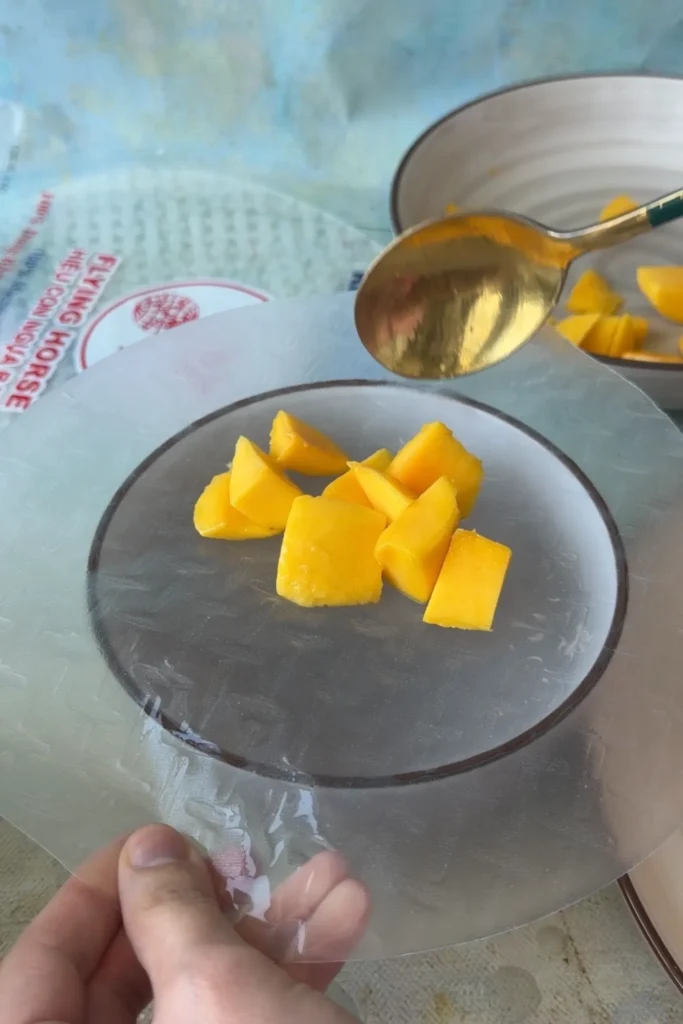 Diced fresh mango placed in the center of a softened rice paper wrapper before adding the whipped mango cream filling.