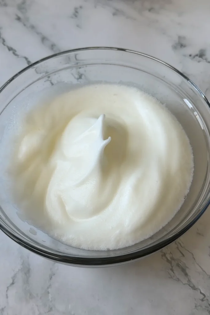Beaten egg whites whipped to stiff peaks in a glass mixing bowl for lemon blueberry ricotta pancakes.