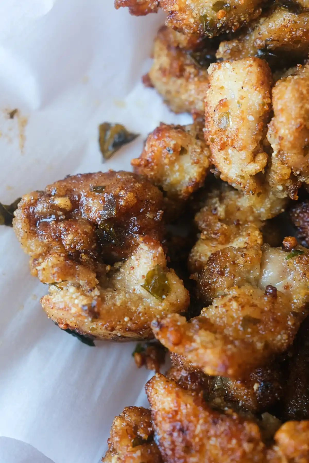 Close-up of Taiwanese popcorn chicken showing the crispy sweet potato starch coating and five-spice seasoning.