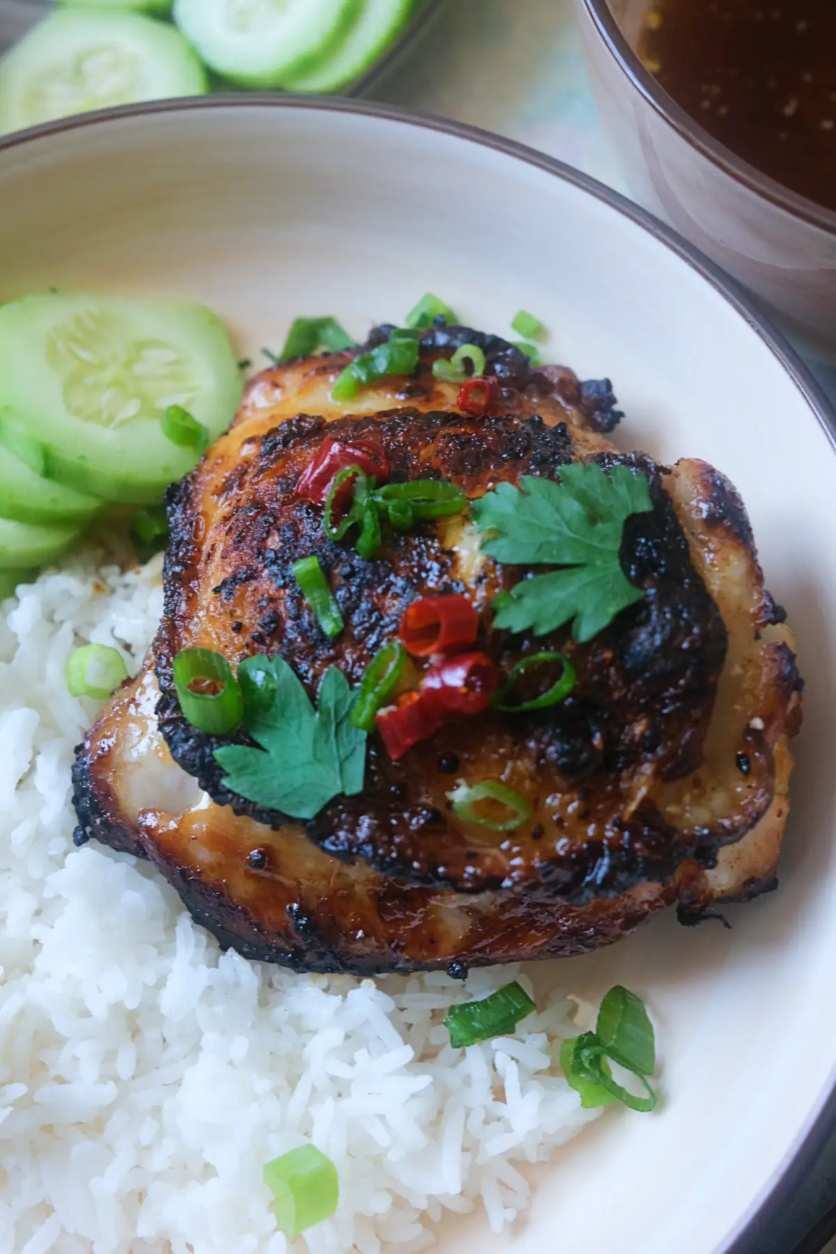 Vietnamese lemongrass chicken served over jasmine rice with sliced cucumbers, green onions, cilantro, and red chilies. 