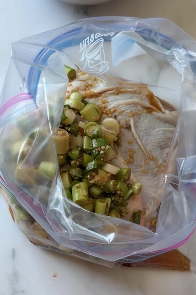 Raw chicken thighs coated with Vietnamese lemongrass marinade in a zip-top bag with fresh lemongrass, garlic, scallions, fish sauce, and brown sugar mixture.