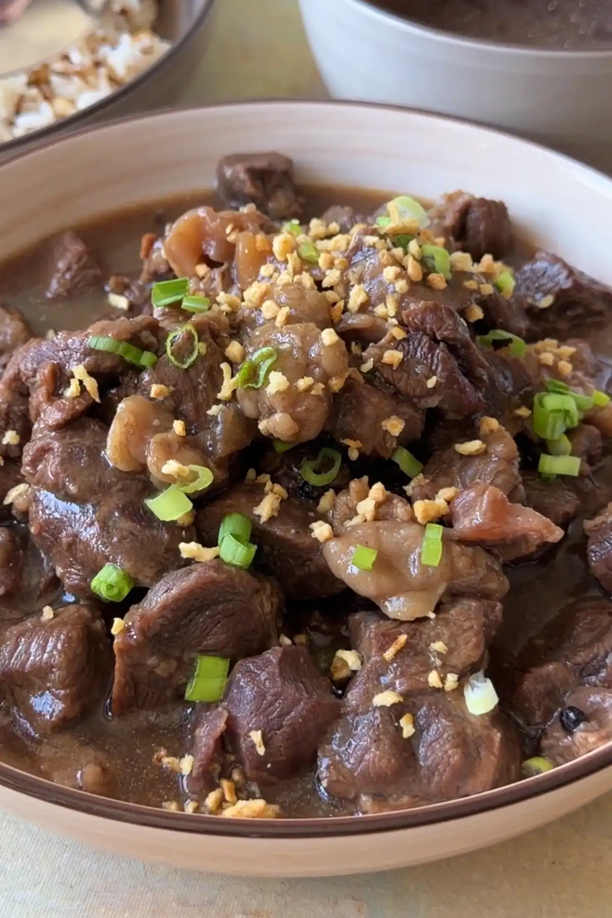 Homemade Filipino beef pares with tender beef in a thick sauce, garnished with fried garlic and green onions.