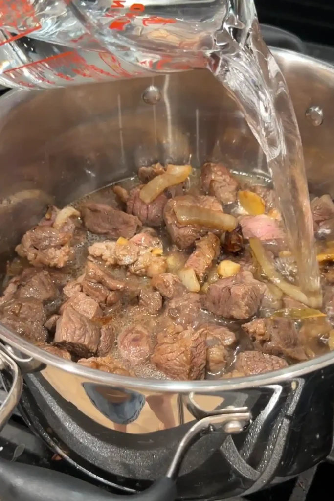 Water being poured into a pot of browned beef and aromatics.