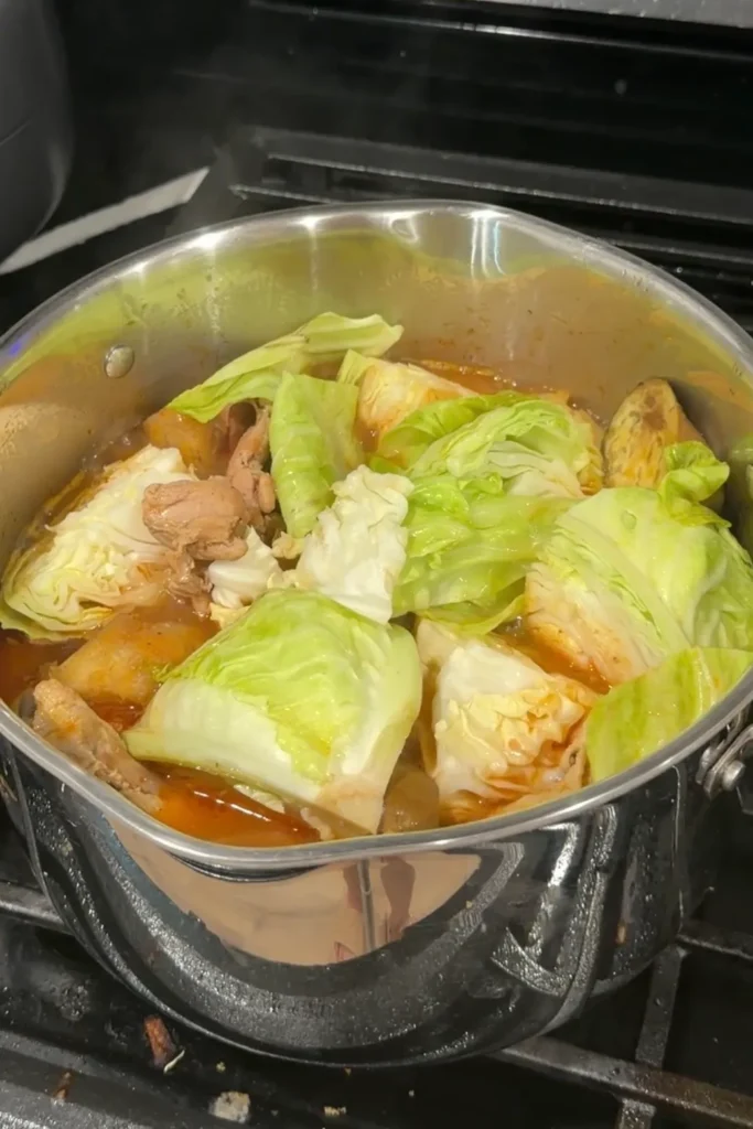 Chicken pochero simmering with cabbage, chicken, vegetables, and tomato broth