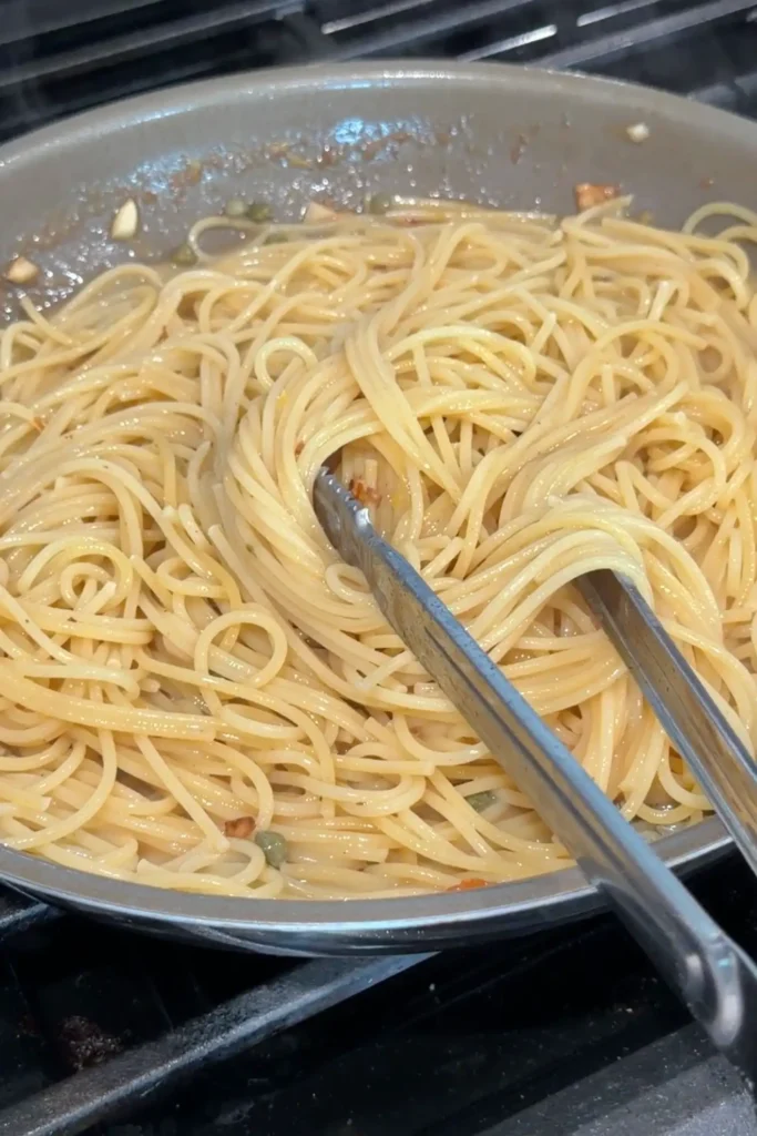 Spaghetti tossed in the lemon caper piccata sauce.