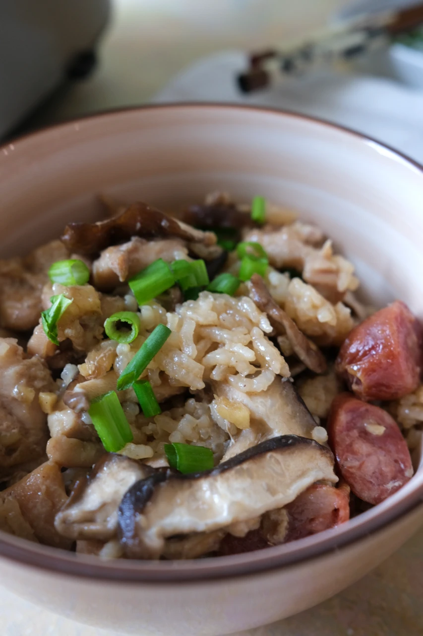 Close-up of rice cooker claypot chicken rice topped with sliced green onions.