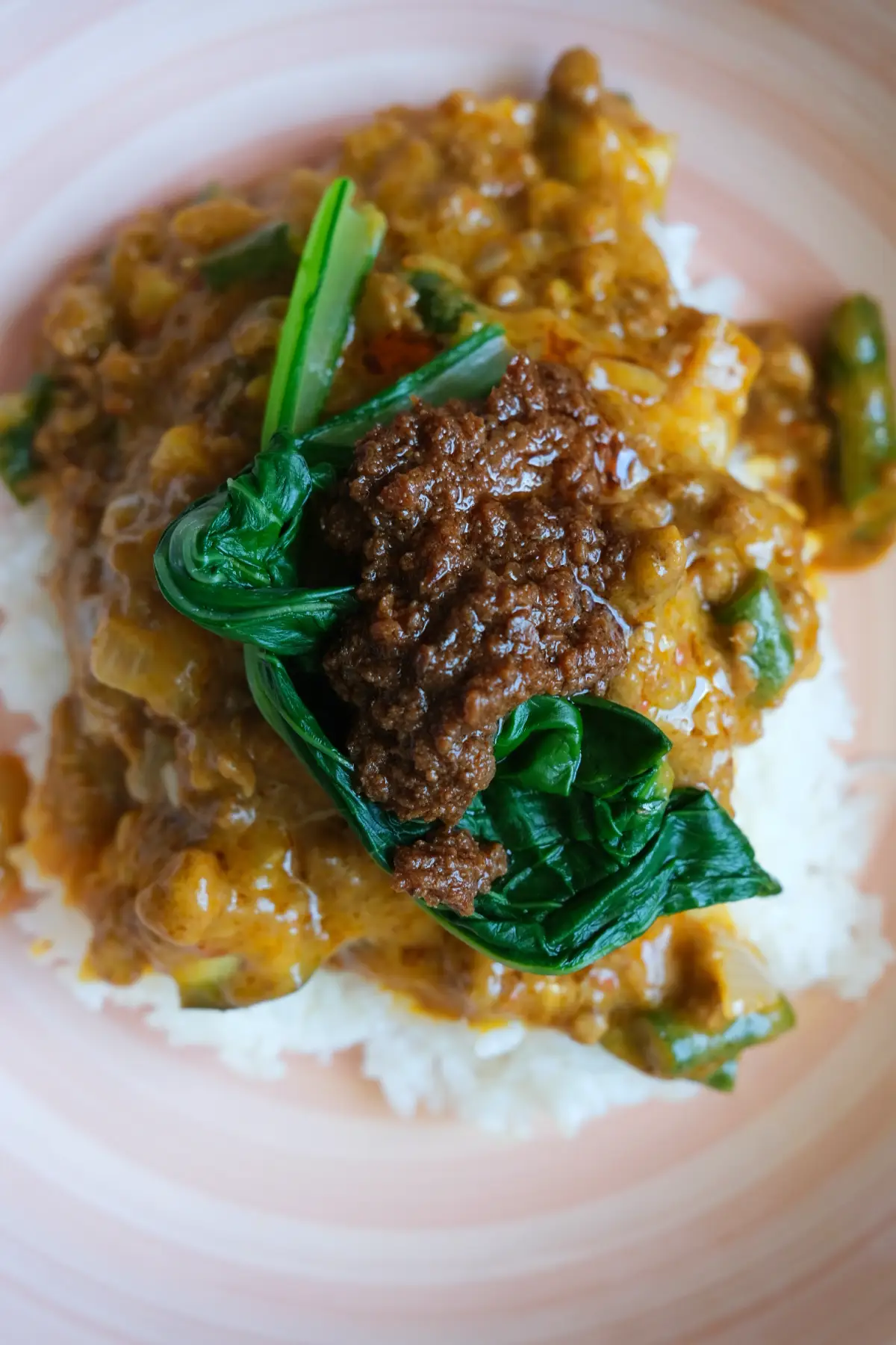 Ground beef kare kare served over white rice with bok choy and bagoong.
