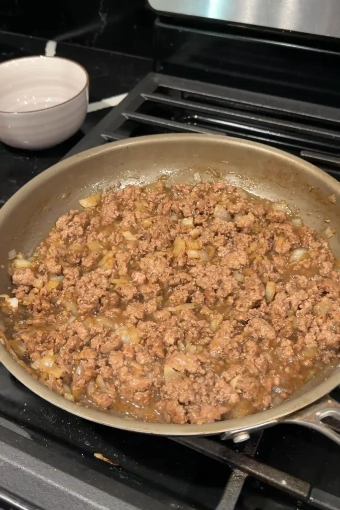 Honey ground beef simmering in the thickened sweet and savory sauce.