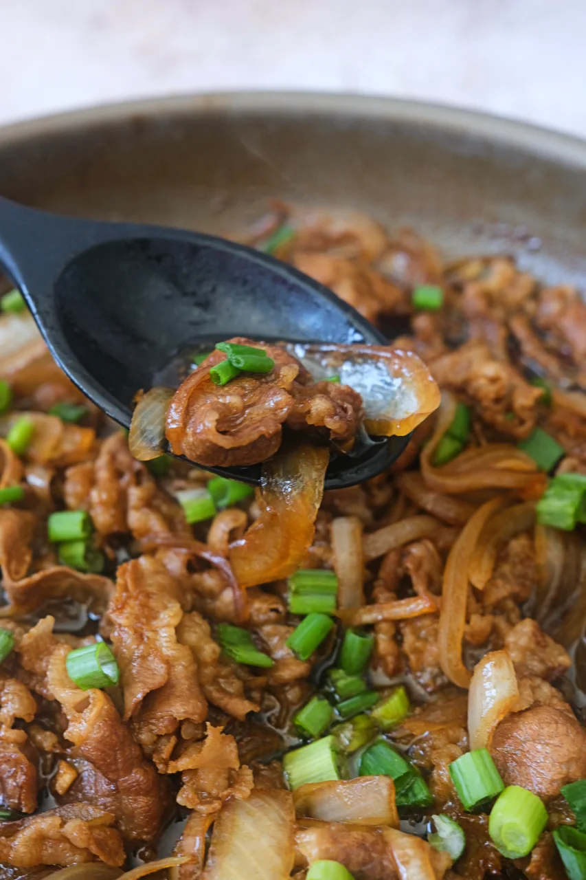 Black spoon lifting saucy beef and onions from a skillet of gyudon garnished with green onions.