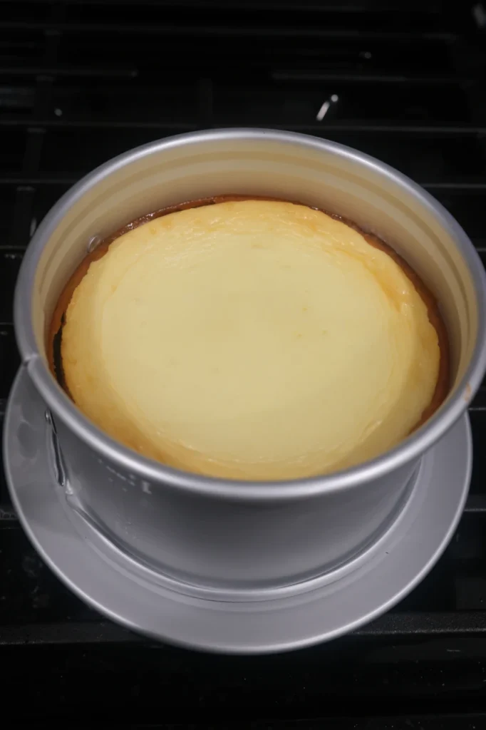 Freshly baked keto cheesecake in a springform cake pan