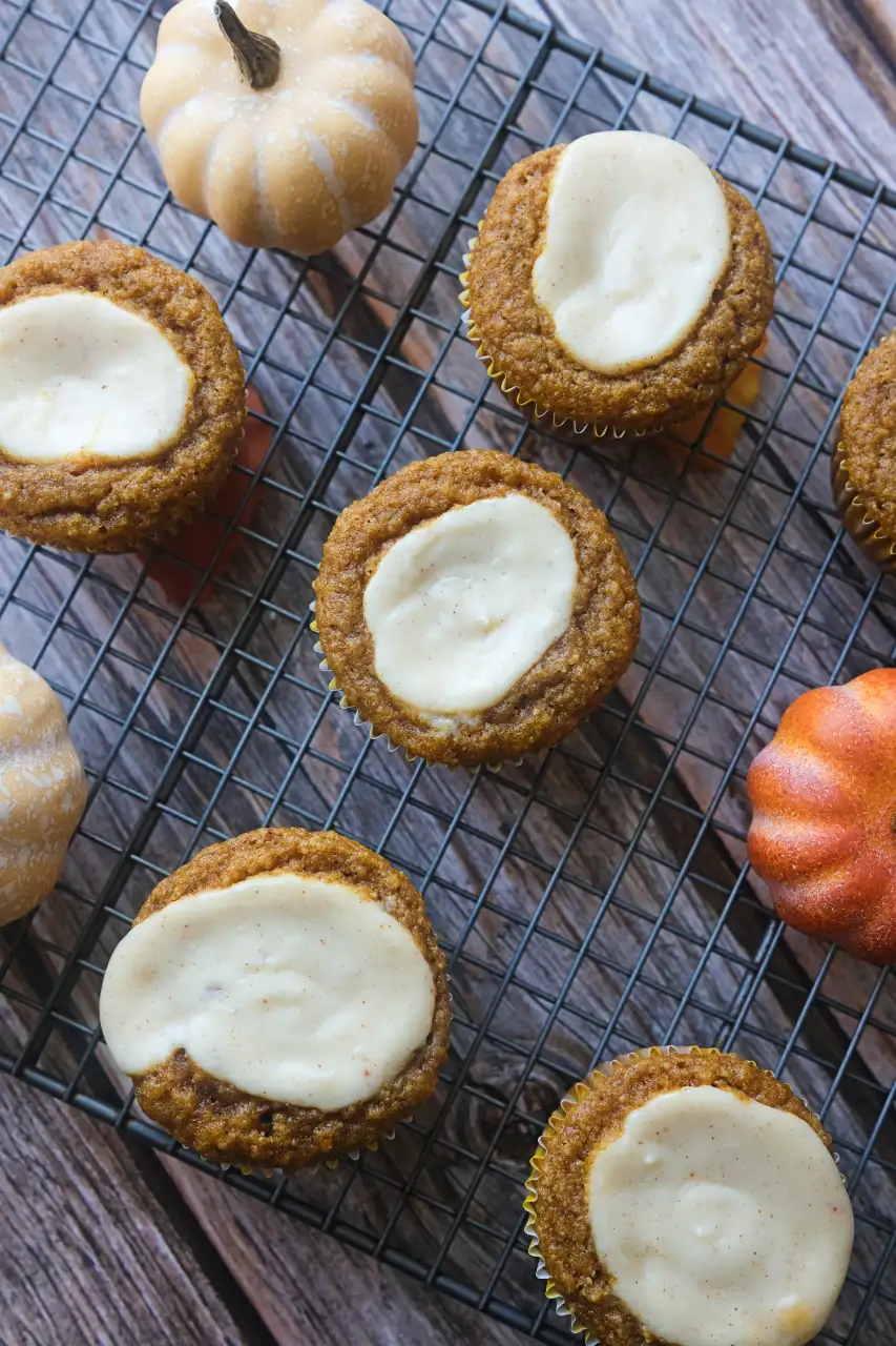 Overhead view of keto pumpkin cream cheese muffins on a cooling rack with small decorative pumpkins.