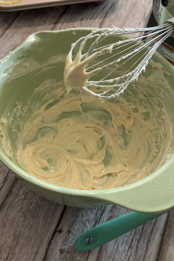 Smooth cream cheese filling in a green bowl with an electric mixer whisk attachment.